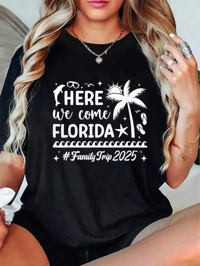 Women's 100% Cotton  Here We Come Florida  2025 Family Trip Graphic T-Shirt - Black Casual Vacation Tee With Palm Trees, Fashion Glasses & Stars Design, Machine Washable, Comfortable Travel Cloth