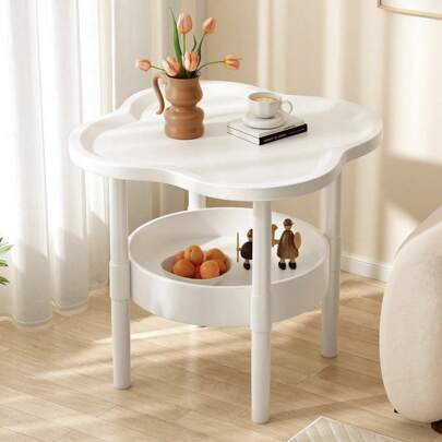 1pc Sofa Side Table, Creative Minimalist Modern Coffee Table, Bedside Cabinet, Flower Petal Shaped Double Layer Storage Rack, Plastic Material