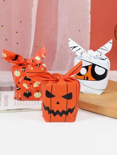 50PCS Halloween Candy Bags Pumpkin Bat Snack Biscuit Gift Bag Trick Or Treat Party Favors Halloween Party Decoration Supplies