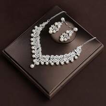 4 件女士婚礼首饰套装，1 条白珍珠水晶皇冠项链和耳环，优雅时尚新娘派对配饰 - 白色 - 查看 5