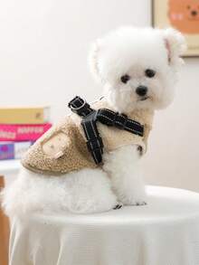 PETCIRCLE 1件宠物衣服，狗狗猫咪服装，小型犬幼犬可爱快乐狗狗猫咪套装，小型犬秋冬保暖舒适抓绒拼接胸背带 - 咖啡白 - 彩色 - 查看 3