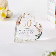 Personalized 50th Wedding Anniversary Gift, Custom Gold Heart-Shaped Acrylic Plaque Engraved With Names And Date, Golden Anniversary Keepsake - Birthday Card Brick - View 2