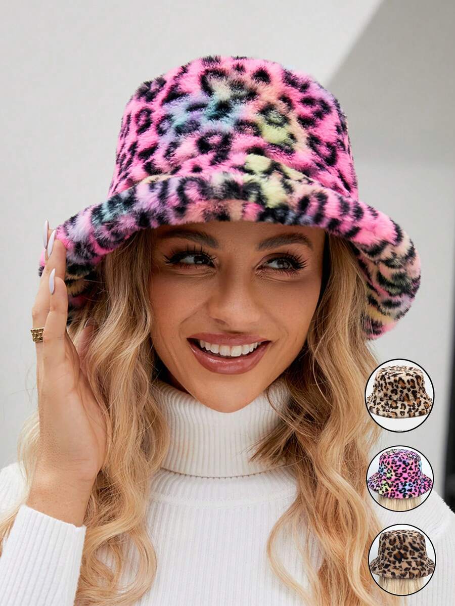 1 件女士豹纹保暖内衬渔夫帽，休闲百搭防风保暖帽，适合返校、学生日常穿着、秋冬秋季服装蓬松 - A - 查看 1