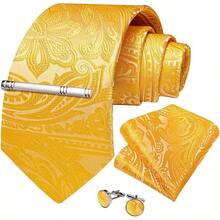 Conjunto de corbata de seda con estampado floral, incluye pinza de corbata, pañuelo y gemelos - Naranja - Ver 7
