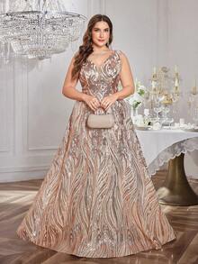 SUPGIR Plus Women's Elegant V-Neck Sleeveless Backless Slim-Fitting Sequin Ball Gown Maxi Evening Dress