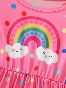Young Girls' Cute Colorful Polka Dot & Rainbow Print Cap Sleeve Round Neck Knee-Length Casual Dress, 2025 New Arrival - Hot Pink - View 3