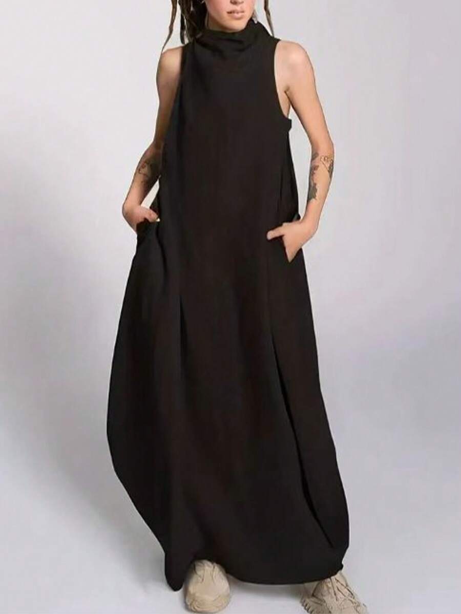 Vestido casual de verano sin mangas con bolsillo de unicolor negro, elegante para mujer - Negro - Ver 1