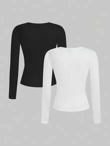 女式上衣 - 黑色 白色 - 查看 2