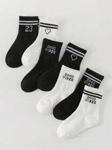 1/5/10/20双装儿童袜子，经典黑/白/灰三色可选，字母“Good Vibes”/双横心/简约人脸图案，亲肤柔软舒适透气，时尚休闲运动中筒袜，适合返校、假期、送礼、学生、户外运动、旅行、日常搭配，颜色随机发货 - 彩色 - 查看 2
