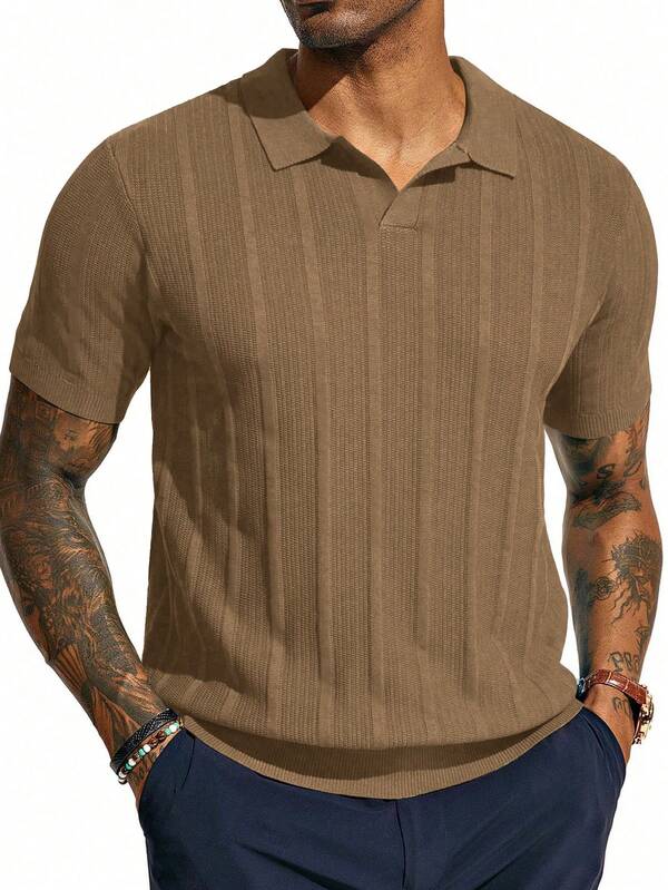 Polo à manches courtes en tricot bleu marine pour hommes - motif côtelé vertical - confortable et élégant pour un porter quotidien et une tenue décontractée chic