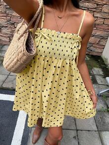 Vintage Polka Dot All Over Print Bohemian Casual Pleated Elastic Waist Ruffle Hem Cami Mini Dress Or Skirt With Styling Versatility - Màu vàng - Xem 4
