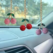 1/3pcs Bling Crystal Cute 3D Cherry Car Rearview Mirror Pendant, Personalized Car Interior Ornament, Gift For Her - one-size - View 7