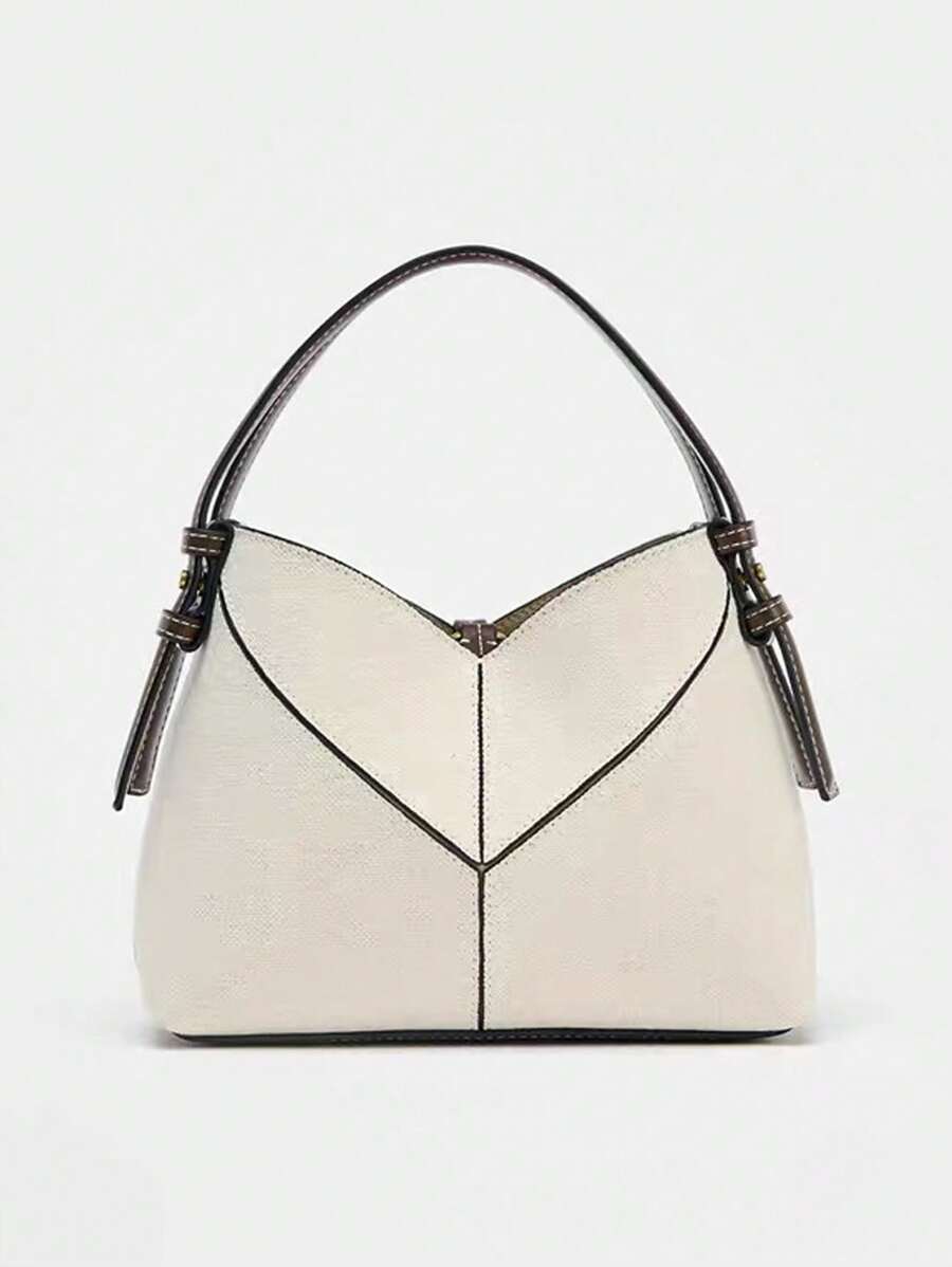 Women Two-Tone Design Mini Canvas Tote Bag, Fashion Shoulder Hand Bucket Bag - White - View 1