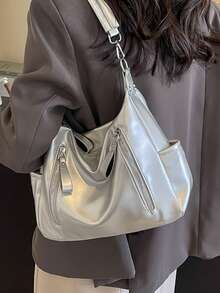 Merlard Retro 2025 磨砂质感大容量时尚百搭单肩包，高端沙滩包，托特包，购物袋，大包，小众质感手提包，拉链双肩带斜挎包 - 銀色 - 查看 8