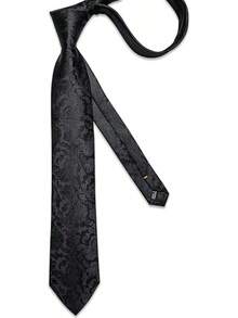 Silk Floral Necktie Set With Tie Clip, Handkerchief & Cufflinks - Solid Black Floral - View 9