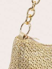 女士腋下单肩包，方形金属链条包，大容量，轻便，休闲时尚，海滩度假风，适合购物和度假 - 金色 - 查看 4