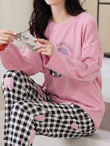 AICJ 两件套女士休闲格纹蝴蝶结爱心印花长袖上衣和长裤家居服套装，适合春、夏、秋、冬穿着，舒适保暖。 - 粉色 - 查看 7