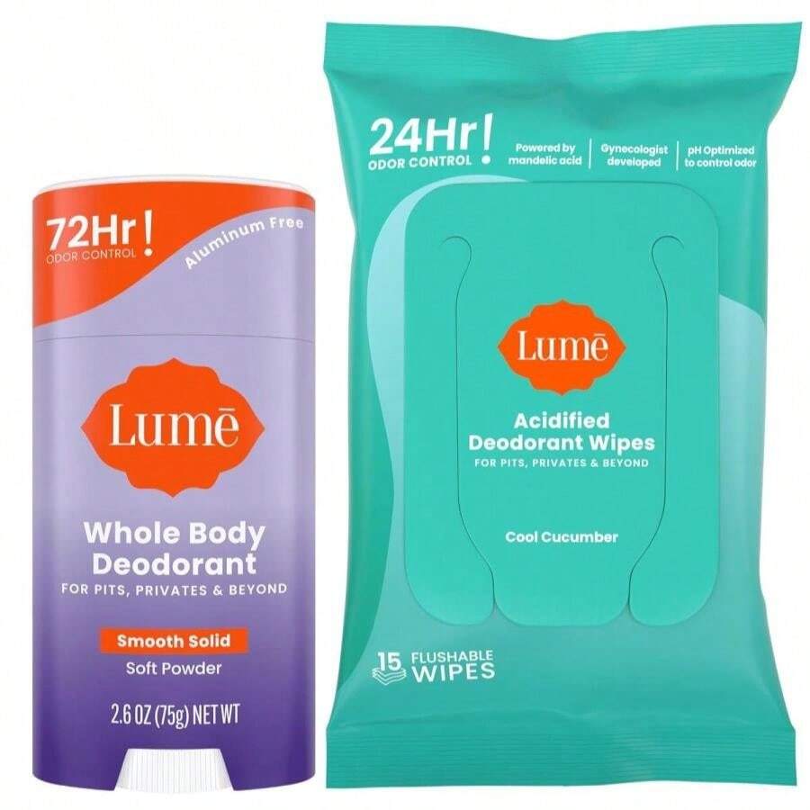 Lume Whole Body Deodorant - Smooth Solid Stick &Amp; Flushable Deodorant Wipes - Doctor Developed - Aluminum Free, Baking Soda Free, Skin Loving - 26 Ounce (Soft Powder) 15 Count Wipes (Cool Cucumber) - Soft Powder & Cool Cucumber - 查看 1