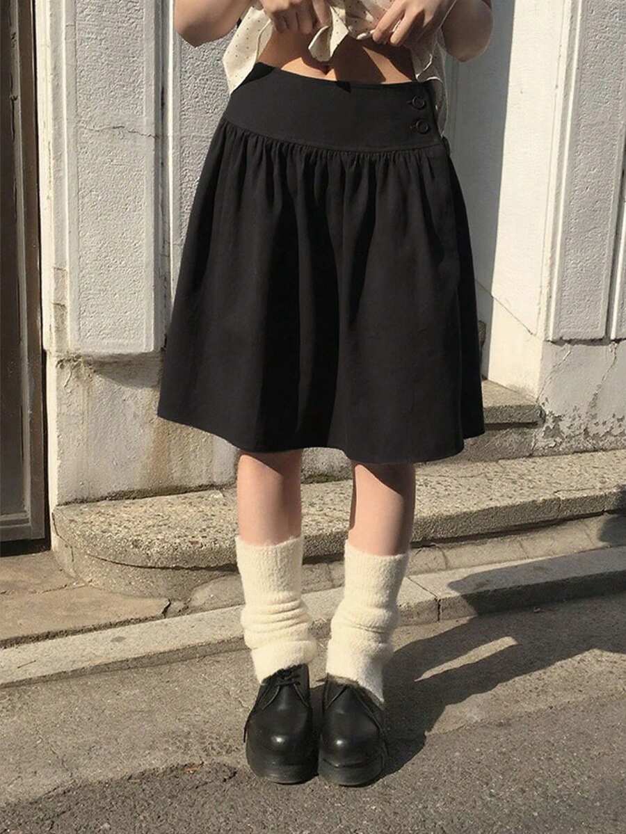 Korean Retro Black Floral Pleated Puffy Mid-Length Casual Versatile Skirt For Women