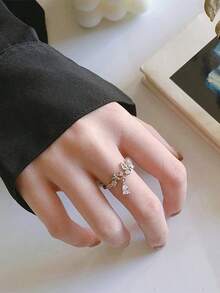 Nooxian 1pc Women Rose Gold Flower-Shaped Open Ring With Cubic Zirconia Valentines - Bạc - Xem 3