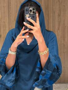 1件女士不对称扎染印花袖口纯色长款开衫连衣裙，法式优雅女士长袍，适合日常生活、工作、旅行、派对（不含头巾） - 藍色 - 查看 3