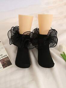 2 Pairs Baby Girls' Cute Solid Color Ruffle Trim Everyday Casual Short Socks, Student Socks, Versatile Daily Wear - Black and White - View 5