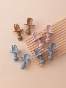 2PCS Personalized Customization Name Baby Silicone Spoon Fork Solid Color Kids Utensils Feeding Training Stuff Soft Print On Demand Baby Tableware - Multicolor - View 6