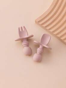 2PCS Personalized Customization Name Baby Silicone Spoon Fork Solid Color Kids Utensils Feeding Training Stuff Soft Print On Demand Baby Tableware - Multicolor - View 14