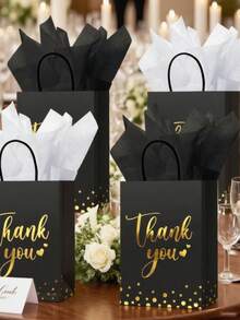 24/48 Thank You Gift Bags, Stylish Simple Paper Gift Bags, "Thank You" Gold Hot Stamping, Black And White Exquisite Paper Tote Bags, Party Gift Packaging Bags, Suitable For Birthday Parties, Christmas, Halloween, Easter Gift Packaging Bags, Thank You Gift Bags, Party Bags, Shopping Bags, Wedding Bags, Retail Bags, Merchandise Bags - 彩色 - 查看 4