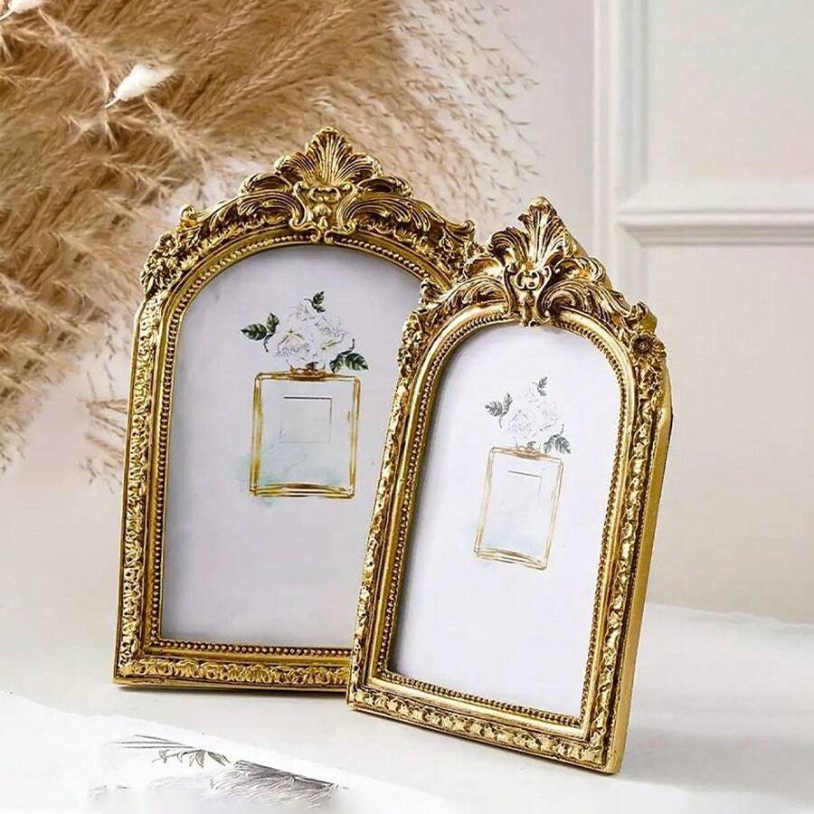 1pc Vintage European Style Gold Floral Arch Shaped Decorative Photo Frame, Resin Artistic Embossed Luxurious Frame With Glass Panel, Suitable For Wedding, Holiday Souvenirs, And Indoor/Outdoor Home Decor - Multicolor - View 1
