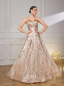 SUPGIR Women's Elegant V-Neck Sleeveless Backless Slim-Fitting Sequin Ball Gown Maxi Evening Dress