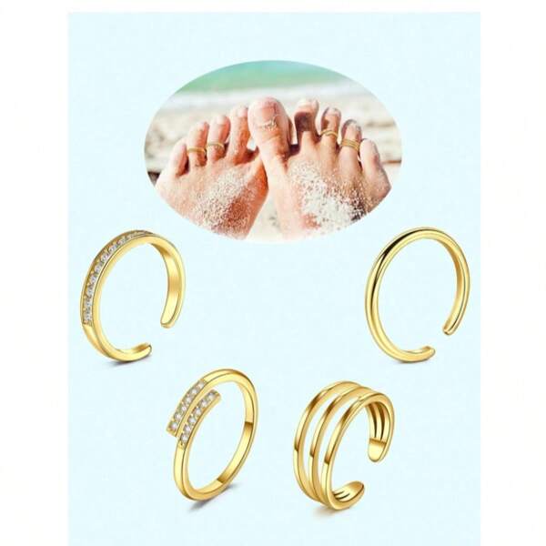 4-Piece Stainless Steel Shoe Head Ring, Suitable For Women, Adjustable Shoe Head Ring Set, Simple And Cute, Slender Strap, Beach Summer Foot Accessories