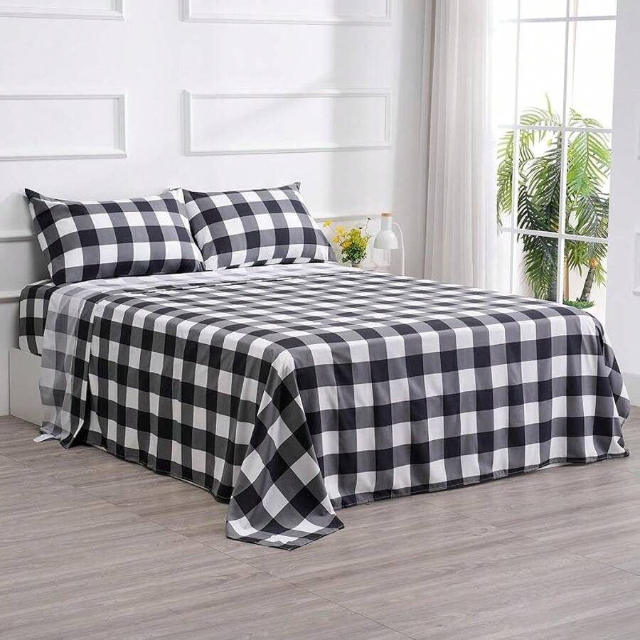 Best Season 4 Piece Bed Sheet Set - Full Size - Soft Microfiber Bedding Sheet Set, Deep Pocket, Stain, Fade & Wrinkle Resistant (Plaid Black & White), Luxury Comfortable - 格子黑色 - 查看 1