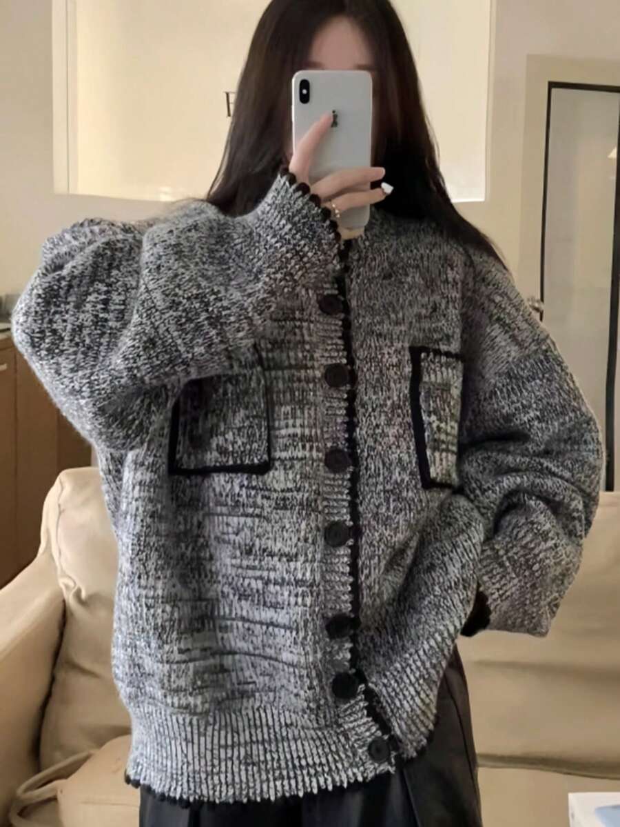 Áo khoác cardigan dệt kim dày dáng rộng cho nữ, áo khoác len dài vừa phải cao cấp thường ngày cho mùa thu/đông - Xám - Xem 1