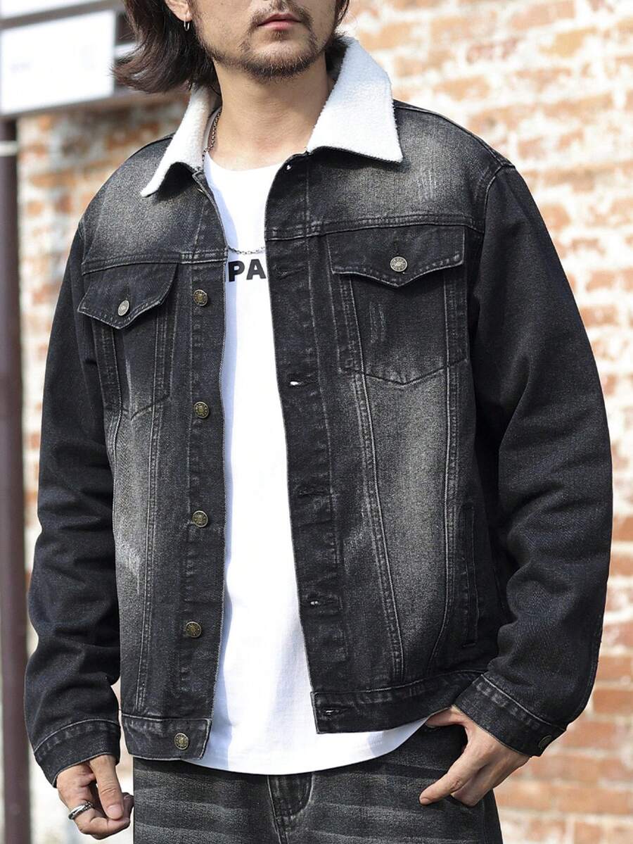 Jaqueta Denim de Manga Longa com Gola de Pelúcia, Estilo Coreano Retrô Lavado, Adequada como Presente para Namorado ou Marido, para Outono e Inverno