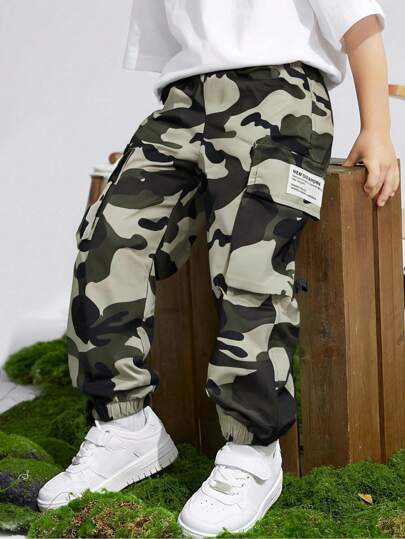 1pc Young Boy Cuffed Cargo Pants, Camouflage Casual Workwear Trousers