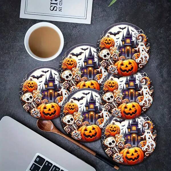 4/6pcs Halloween Coaster Set, Pumpkin, Ghost, Skull Design, Round Coasters, Suitable For Home Decor And Halloween Party, Halloween Decorations, Cute Autumn Decor, Suitable For Party Celebrations, Perfect For Halloween Atmosphere
