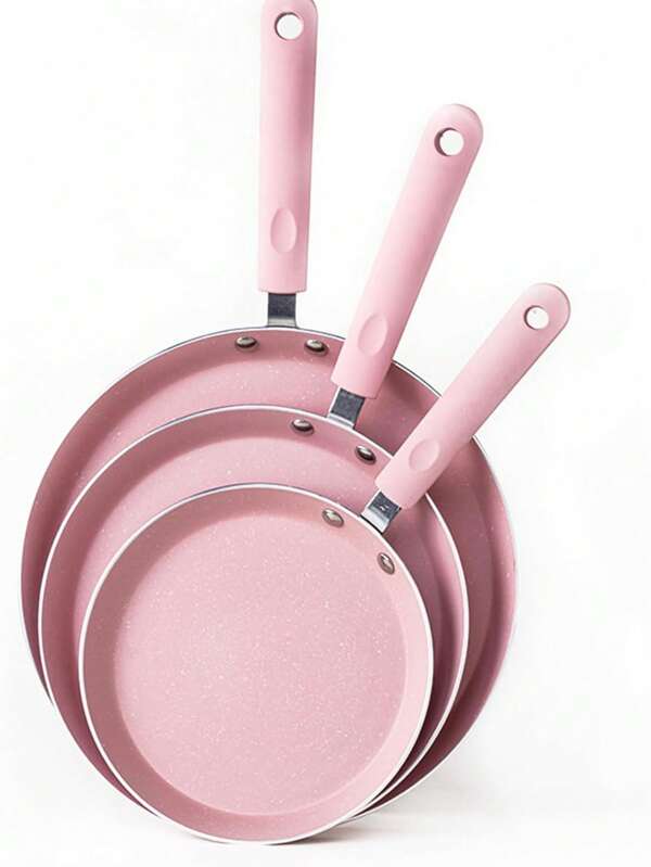 Non Stick Frying Pan Set, Flat Bottomed Non Stick Pan Set, Pink Kitchen Utensil Set With Non Stick Pan Coating, 25.4 Cm, 20.3 Cm, And 15.2 Cm Non Stick Cooking Set Suitable For All Stoves (Pink), Family Dinner Supplies, Party Supplies