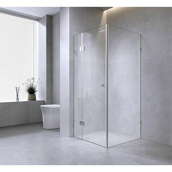 120x100cm Frameless Corner Shower Screen With Gunmetal Brackets & Brass Hinges, Square Double Pull Handle - Modern Bathroom Upgrade
