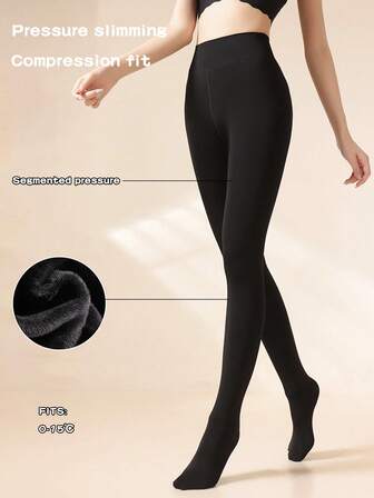 1 Paio di Leggings Skinny in Vita Alta da Donna, Foderati Termici, Nero/Beige, Collant Spessi per Autunno/Inverno