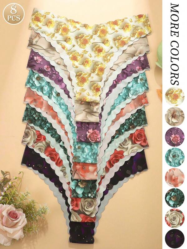 8pcs Women's Seamless Floral 3D Print Panties, Comfortable Fabric With Wavy Hem, Sexy Seamless Triangle Underwear
