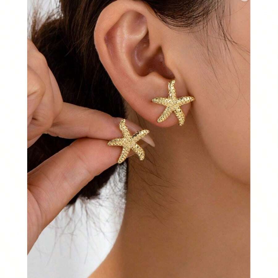 1 Pair Geometric Pearl & Starfish Stud Earrings - Vàng B - Xem 1
