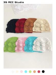 1pc Women's Handmade Hollow Knitted Beret Cap, Spring New Vintage Small Head Size Versatile Turban Head Wrap, Solid Color 3D Floral Boho Headwear, Sun Protection Breathable Openwork Hat