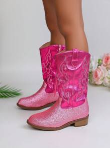 Autumn/Winter New Children's Boots, Embroidered Fashion Western Cowboy Boots, Pointed Toe Chunky Heel Lightweight Stylish Ankle Boots, Suitable For Older Kids Girls Outdoor, Party, Play