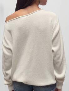 Fashionable Women's Jacquard Knit Loose Fit Oblique Shoulder Long Sleeve Sweater, Bold Floral Pattern, Slightly Stretchy Fabric