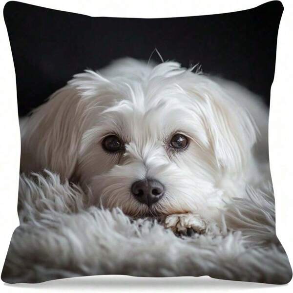 1pc Contemporary Maltese Dog Print Pillowcase, 45.72x45.72 Cm, Double-Sided, Machine Washable, Zippered Polyester Throw Pillow Cover For Sofa And Couch, Farmhouse Decor, Pillow Covers For Couch