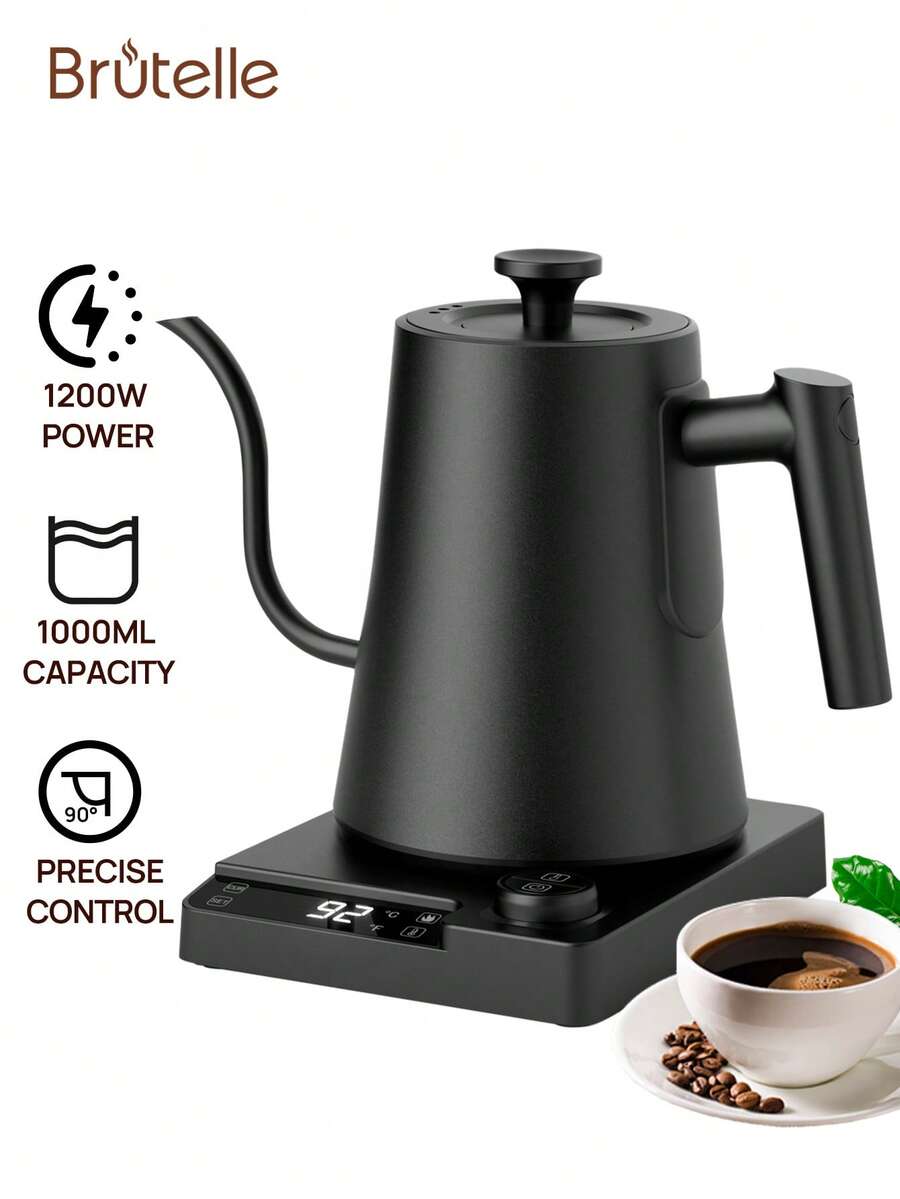 Brutelle 电鹅颈壶咖啡壶恒温电水壶热水锅炉倒茶壶1200瓦快速加热电茶壶自动关机一键保温不锈钢材质1000ML黑色