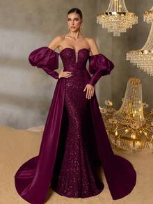 Faeriesty Wunderschönes Abendkleid mit Puffärmeln, Meerjungfrauensaum, Satinschleppe und Pailletten für rote Teppich Events, große Galas, formelle Hochzeitsempfänge, renommierte Wohltätigkeitsgalas und luxuriöse Bankette