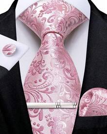 Silk Floral Necktie Set With Tie Clip, Handkerchief & Cufflinks - Solid Pink Floral - View 11