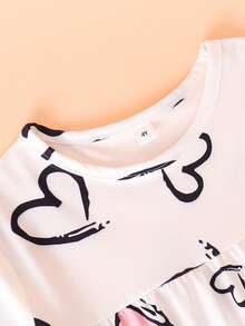 女童爱心图案睡裙，儿童休闲短袖荷叶边下摆家居服连衣裙，女童夏季睡衣，中长款，适合幼儿和小女孩 - 黑與白 - 查看 4